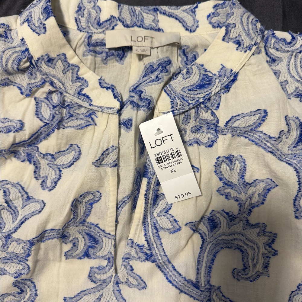 LOFT Ivory and Cobalt Embroidered Top